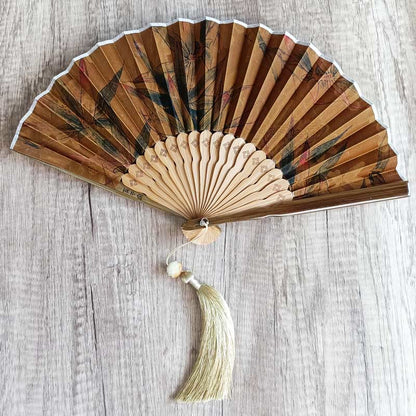 Buddhist Blessing Flower Persimmon Bamboo Leaves Xiangyunsha Silk Handheld Bamboo Folding Fan