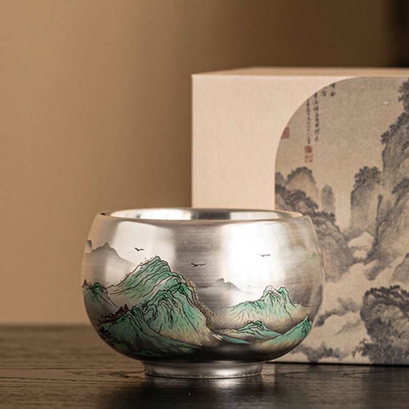 Buddhist Blessing Fish Lotus Seaweed Valley Mountains Pine Tree Dragon Teacup Kung Fu Tea Cup With Gift Box