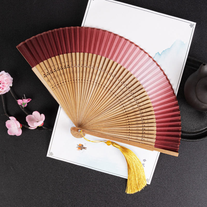 Buddhist Blessing Cranes Auspicious Clouds Solid Color Gradient Handheld Cotton Linen Fabric Bamboo Folding Fan