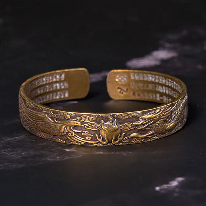 Buddhist Blessing Dragon And Phoenix Playing With A Pearl Heart Sutra Carved Copper Brass Luck Bracelet Bangle