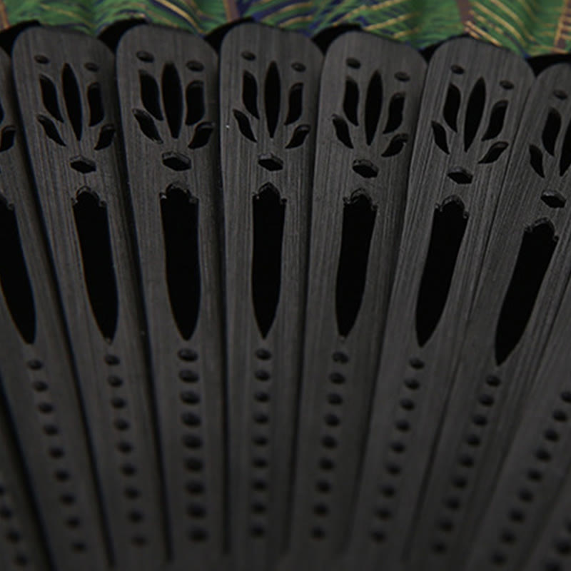 Buddhist Blessing Peacock Feather Handheld Bamboo Folding Fan 21.5cm