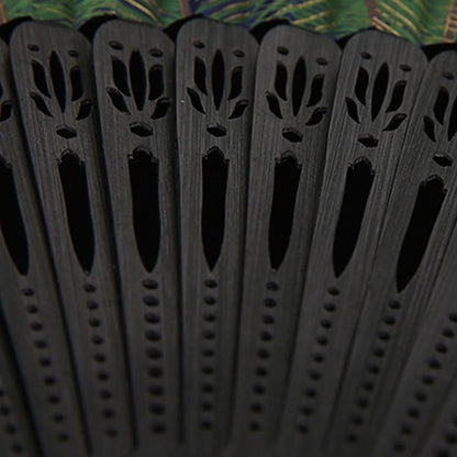 Buddhist Blessing Peacock Feather Handheld Bamboo Folding Fan 21.5cm