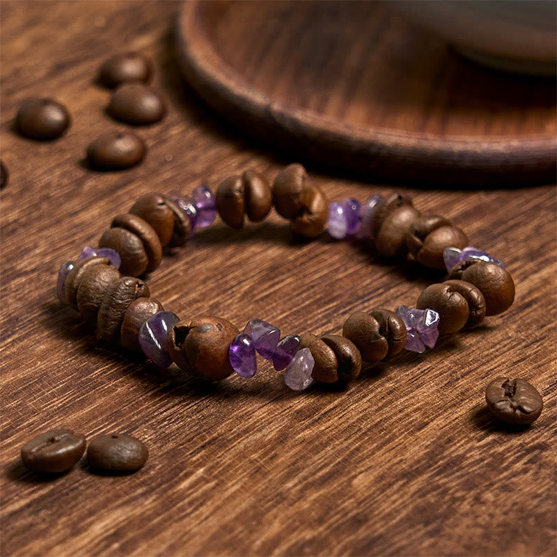 Buddhist Blessing Handmade Natural Coffee Beans Amethyst Citrine Amazonite Irregular Crystal Bracelet