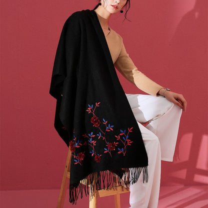 Buddhist Blessing Wool Shawl 3D Floral Embroidery Tassel Winter Cozy Travel Scarf Wrap