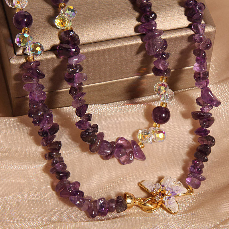 Buddhist Blessing Butterfly Flower Amethyst Strawberry Quartz Balance Necklace Pendant