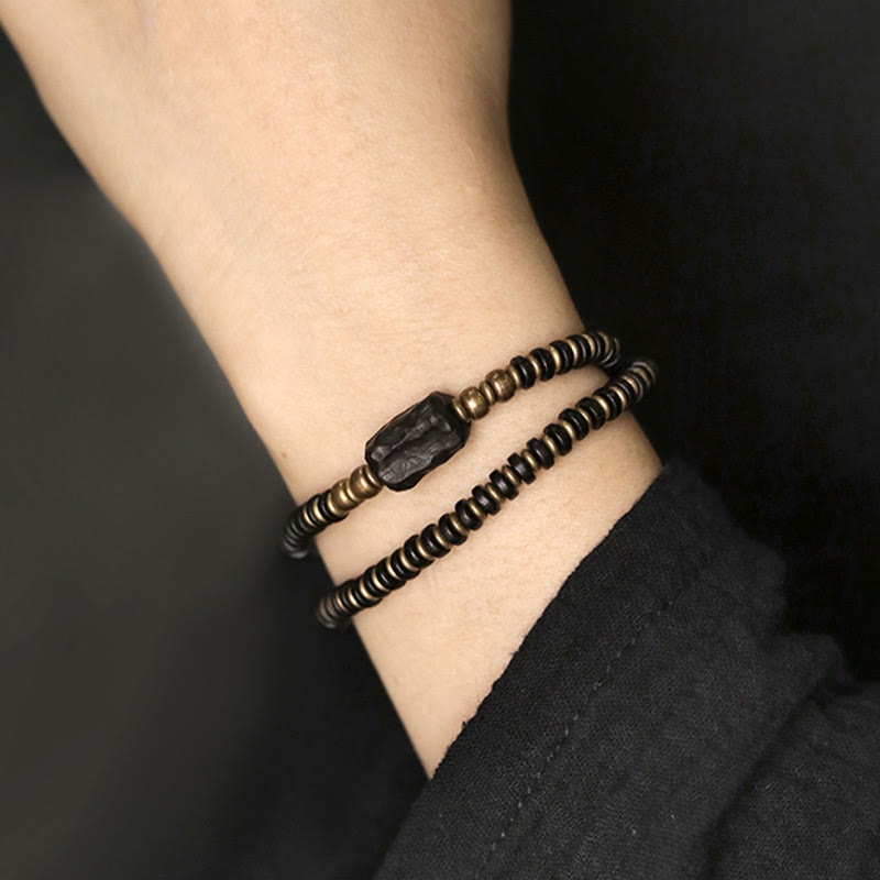 Buddhist Blessing Ebony Wood Green Sandalwood Copper Brass Calm Double Wrap Bracelet