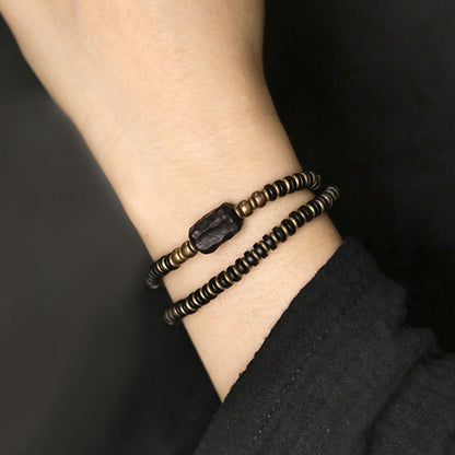 Buddhist Blessing Ebony Wood Green Sandalwood Copper Brass Calm Double Wrap Bracelet