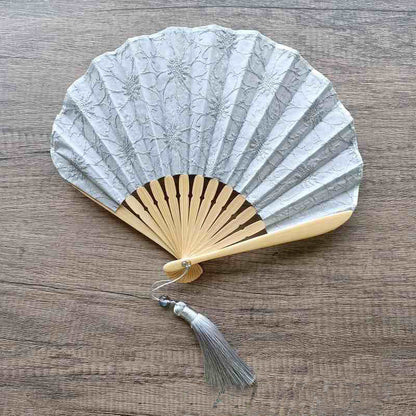 Buddhist Blessing Retro Large Flower Embroidery Shell Shape Tassels Handheld Bamboo Folding Fan