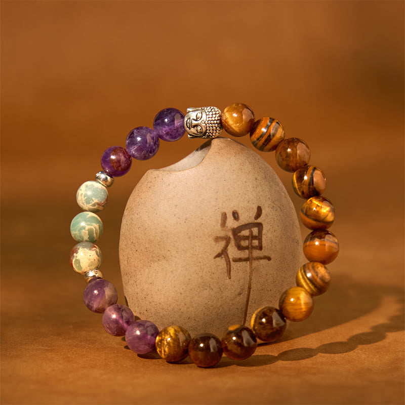 Buddhist Blessing Natural Black Onyx White Stone Green Aventurine Tiger Eye Agate Mixed Color Buddhist Blessing  Head Protection Bracelet