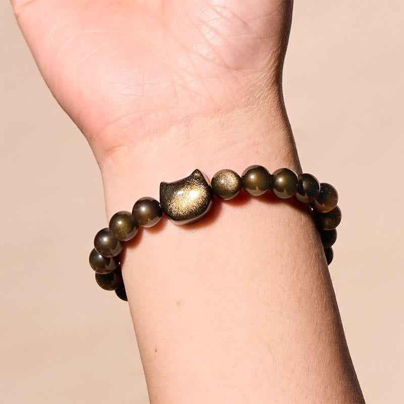 Buddhist Blessing Gold Sheen Obsidian Silver Sheen Obsidian Lovely Paw Lucky Cat Protection Bracelet