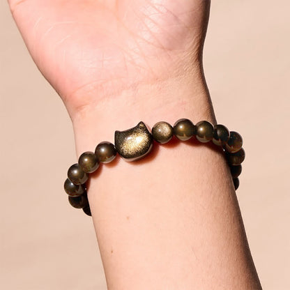 Buddhist Blessing Gold Sheen Obsidian Silver Sheen Obsidian Lovely Paw Lucky Cat Protection Bracelet