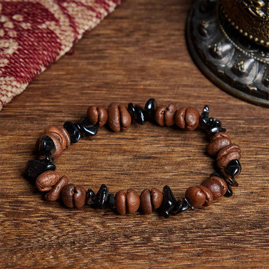 Buddhist Blessing Natural Coffee Beans Black Obsidian Rutilated Quartz Strength Bracelet