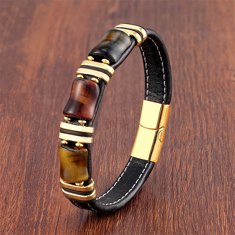 Buddhist Blessing Tiger Eye Three Bamboo Stone Protection Power Leather Bracelet