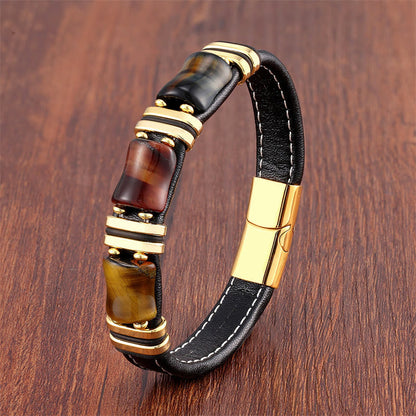 Buddhist Blessing Tiger Eye Three Bamboo Stone Protection Power Leather Bracelet