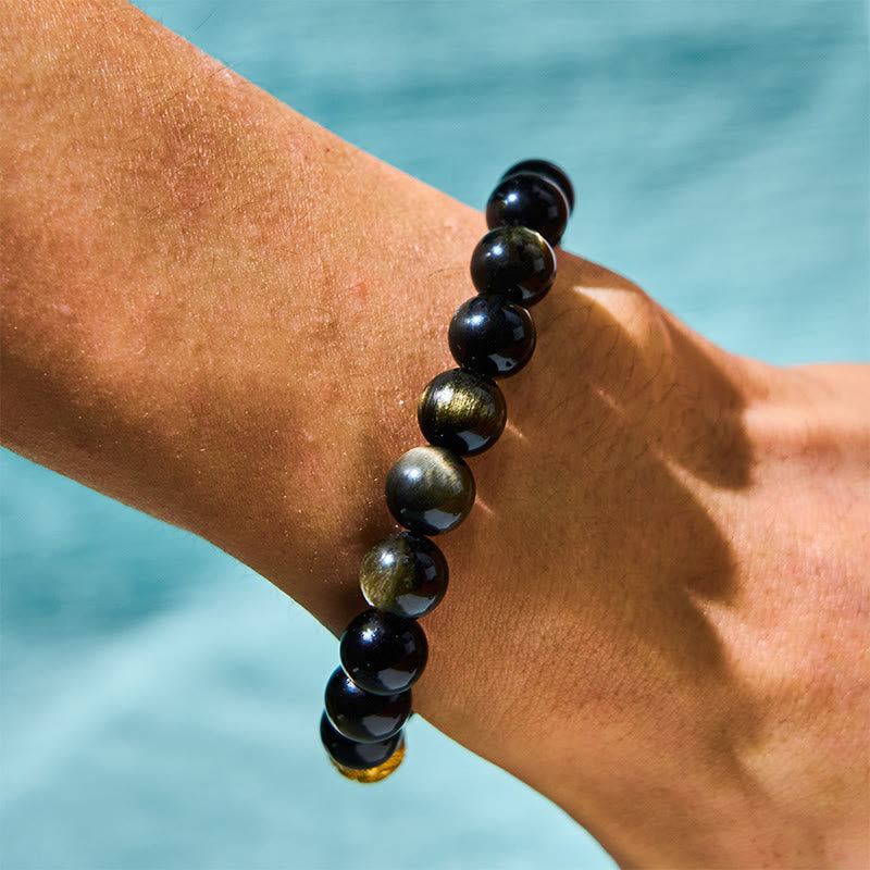 Buddhist Blessing Natural Gold Sheen Obsidian PiXiu Om Mani Padme Hum Wealth Bracelet