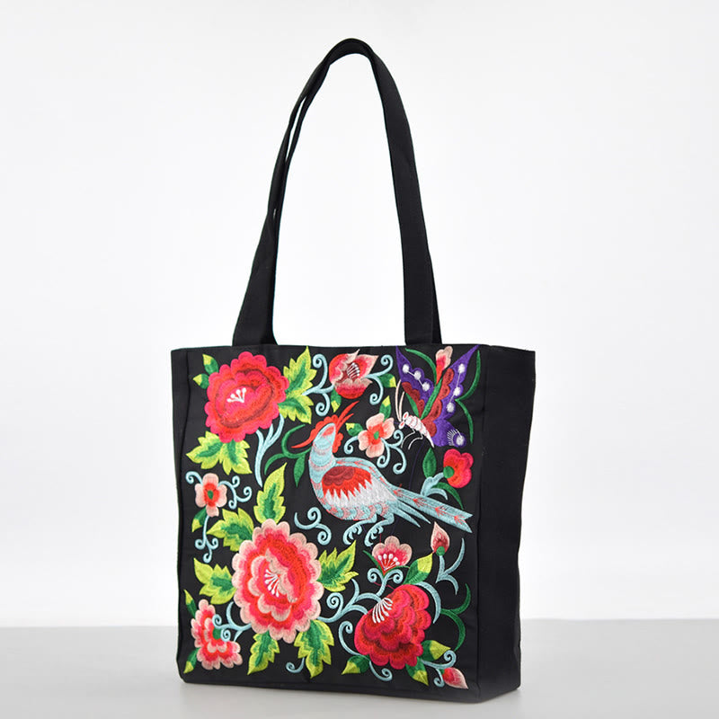 Buddhist Blessing Galsang Magpie Peony Camellia Chrysanthemum Embroidery Canvas Shopping Purse Handbag Shoulder Bag