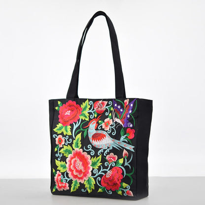 Buddhist Blessing Galsang Magpie Peony Camellia Chrysanthemum Embroidery Canvas Shopping Purse Handbag Shoulder Bag
