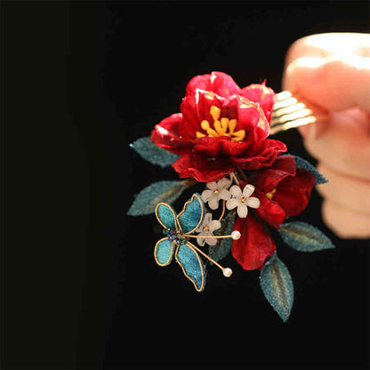 Buddhist Blessing Chinese Style Red Camellia Butterfly Hair Clip Hair Comb Hairpin Barrette Accessory