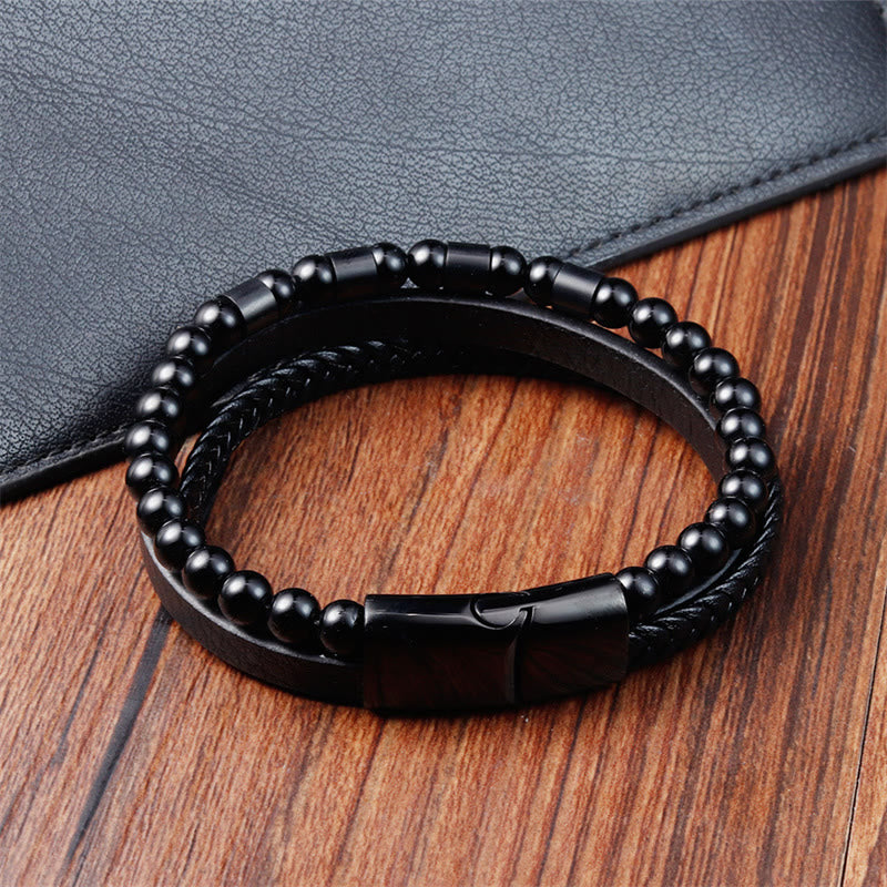 Buddhist Blessing Frosted Stone Multi-layer Leather Titanium Steel Balance Buckle Bracelet