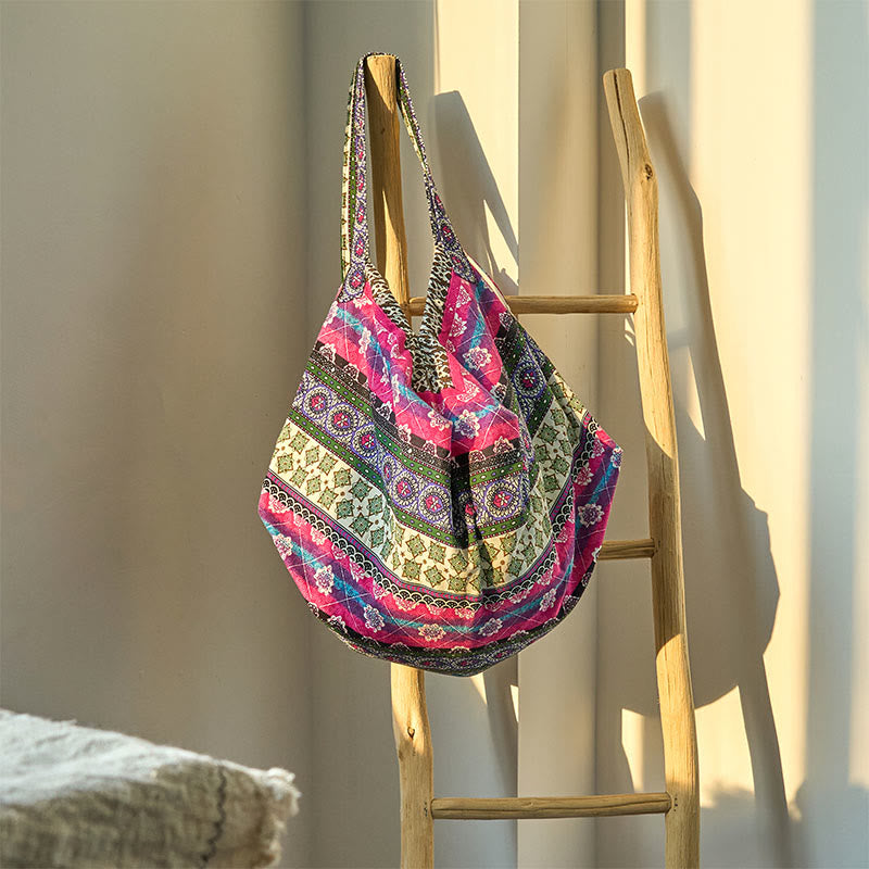 Buddhist Blessing Colored Stripes Pattern Cotton Shoulder Bag