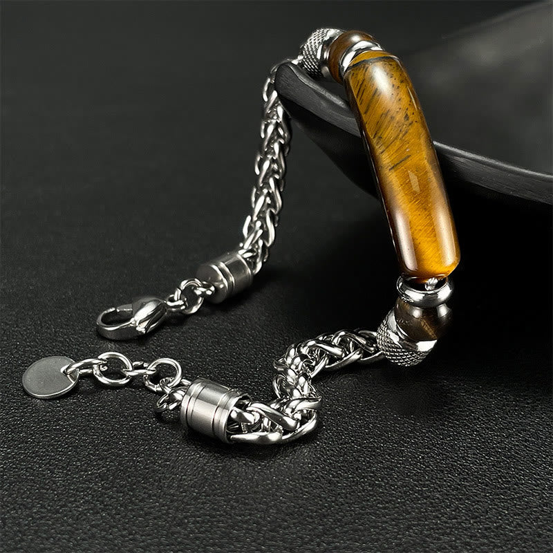 Buddhist Blessing Tiger Eye Black Obsidian Stone Titanium Steel Strength Buckle Bracelet