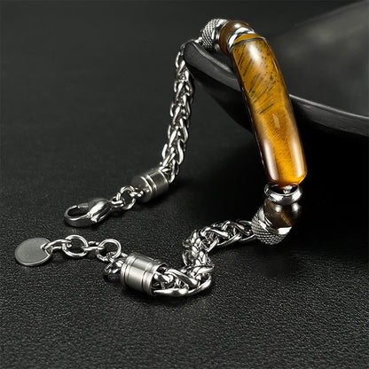 Buddhist Blessing Tiger Eye Black Obsidian Stone Titanium Steel Strength Buckle Bracelet