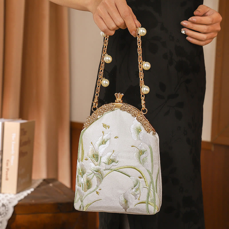 Buddhist Blessing Calla Embroidery Metal Handle Handbag Crossbody Bag