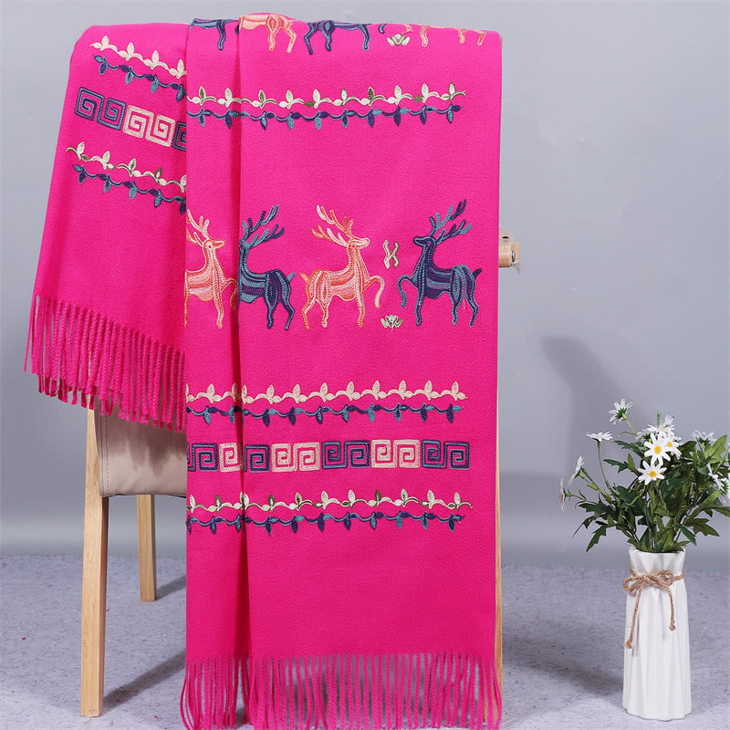 Buddhist Blessing Rayon Fabric Shawl Sika Deer Embroidery Tassel Winter Cozy Travel Scarf Wrap