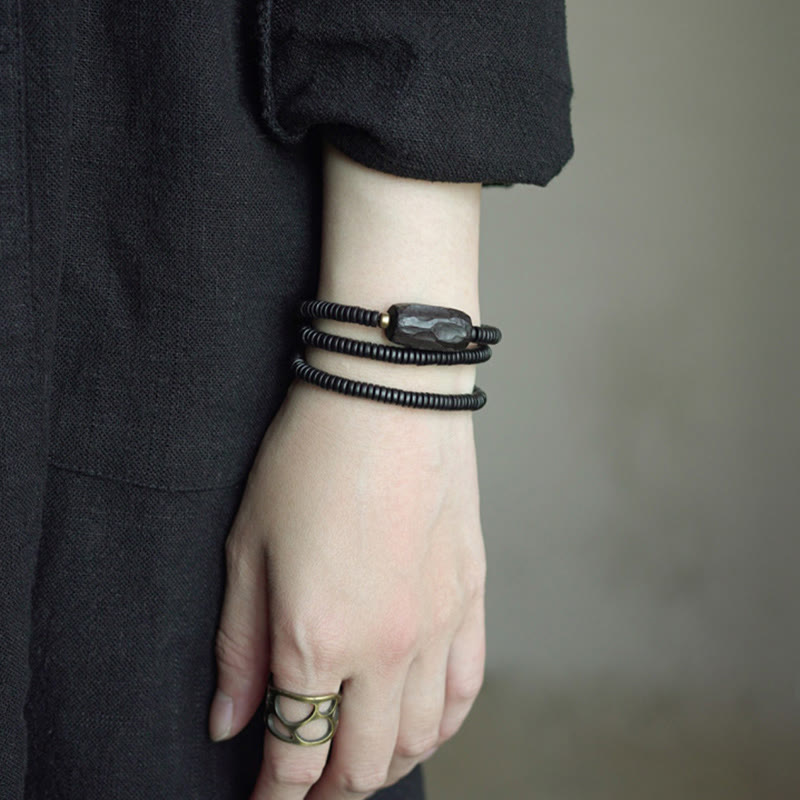 Buddhist Blessing Ebony Wood Copper Brass Balance Triple Wrap Bracelet