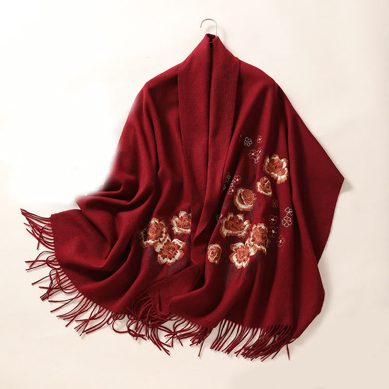 Buddhist Blessing Wool Shawl Red Peony Embroidery Tassel Winter Cozy Travel Scarf Wrap