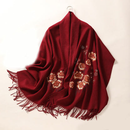 Buddhist Blessing Wool Shawl Red Peony Embroidery Tassel Winter Cozy Travel Scarf Wrap