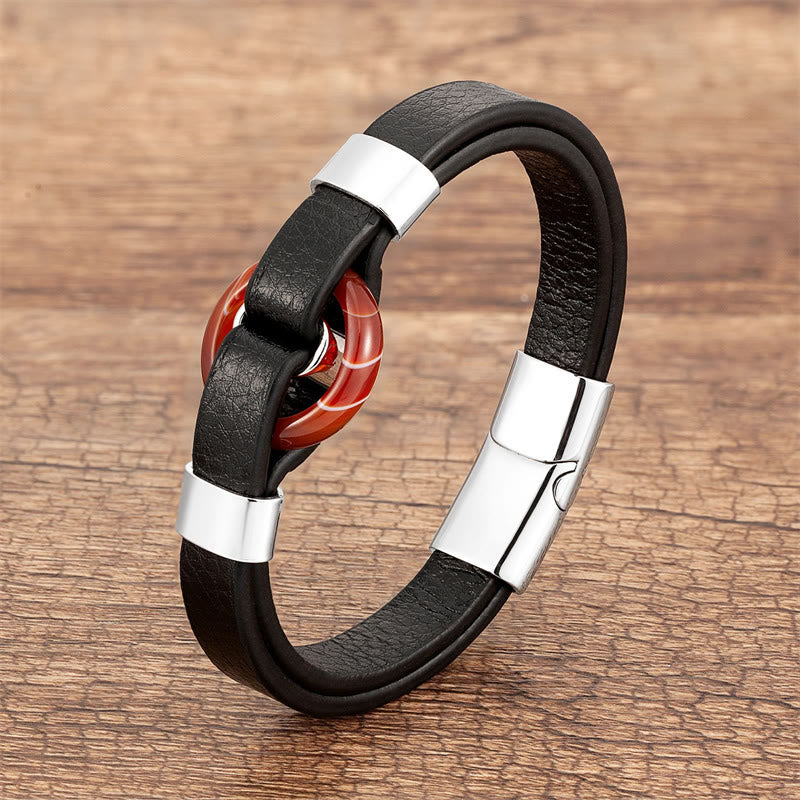 Buddhist Blessing Round Green Aventurine Black Onyx Hematite Agate Rose Quartz Stone Balance Leather Magnetic Buckle Bracelet