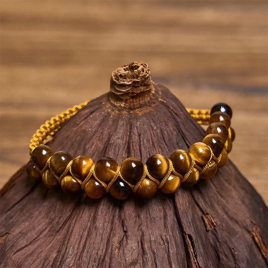 Buddhist Blessing Natural Tiger Eye Cinnabar Hand-woven Double Row Beads Protection Bracelet