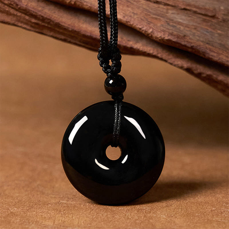 Buddhist Blessing Natural Black Obsidian Peace Buckle Strength Rope Necklace Pendant