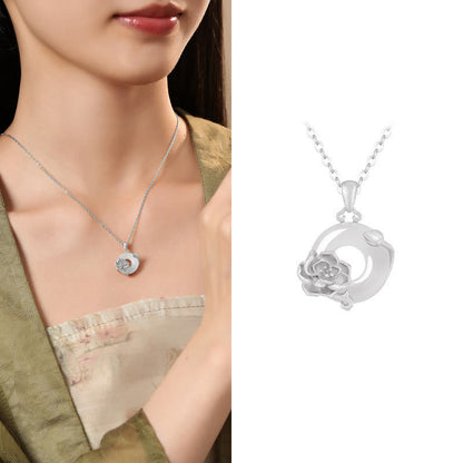 Buddhist Blessing Chalcedony 925 Sterling Silver Peace Buckle Flowers Necklace Pendant