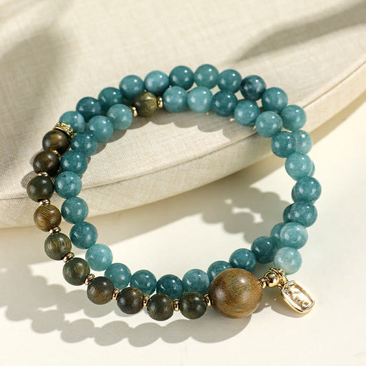 Buddhist Blessing Blue Chalcedony Green Sandalwood Small Leaf Red Sandalwood Double Wrap Emotional Balance Bracelet