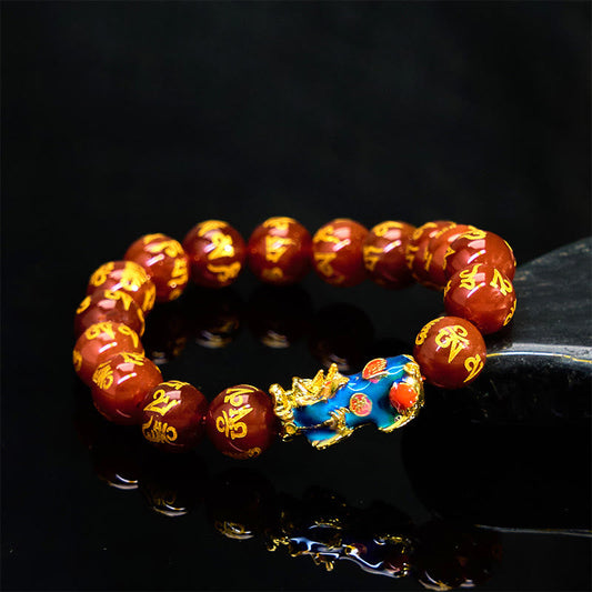 Buddhist Blessing Red Agate Color Change PiXiu Om Mani Padme Hum Calm Bracelet