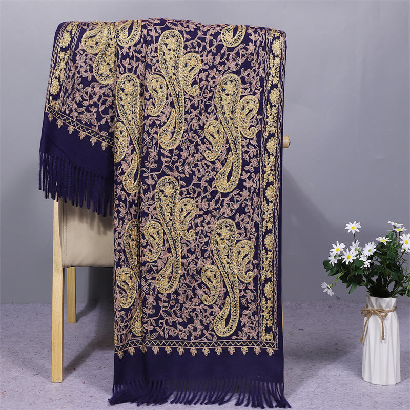 Buddhist Blessing Rayon Fabric Shawl Golden Cashew Flowers Embroidery Tassel Winter Cozy Travel Scarf Wrap