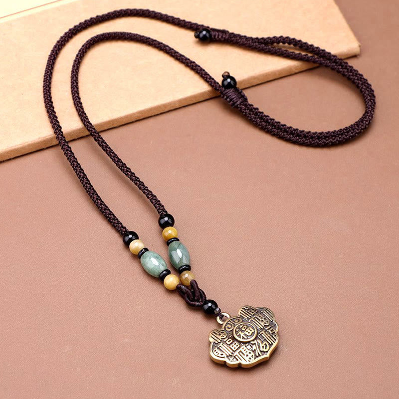 Buddhist Blessing Copper Brass Fu Character Luck Fortune Rope Necklace Pendant