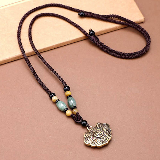 Buddhist Blessing Copper Brass Fu Character Luck Fortune Rope Necklace Pendant