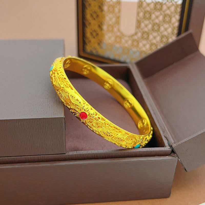 Buddhist Blessing Copper Plated Gold Flowers Leaves Luck Bracelet Bangle