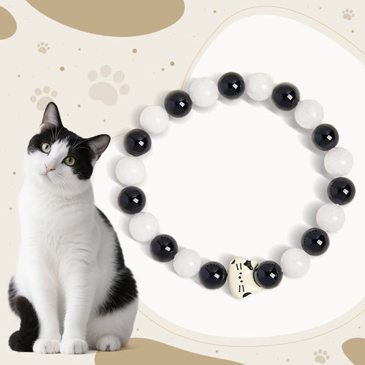 Buddhist Blessing Bicolor Cat Black Onyx White Chalcedony Fortune Bracelet