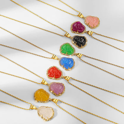 Buddhist Blessing 18K Gold Filled Laughing Buddhist Blessing Jade Luck Necklace Chain Pendant