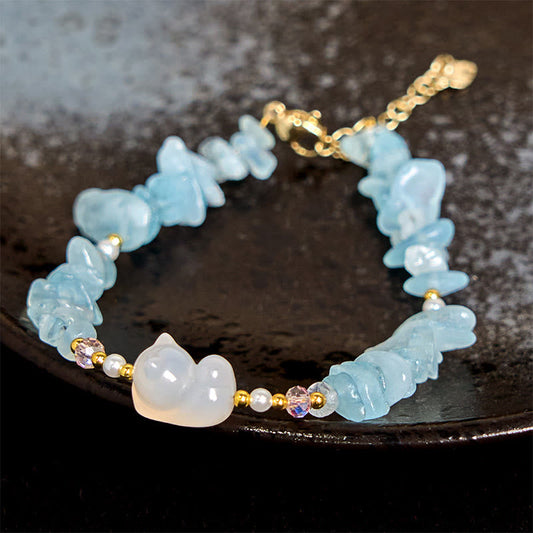 Buddhist Blessing Natural Irregular Aquamarine Cute Cat Healing Bracelet