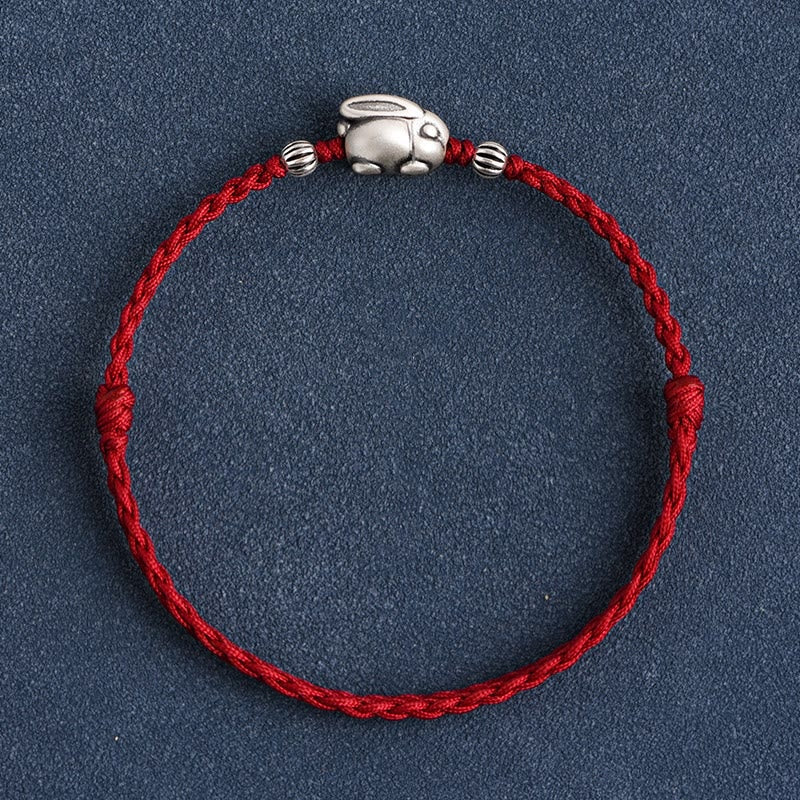 Buddhist Blessing Handmade 999 Sterling Silver Rabbit Luck Rope Bracelet Anklet