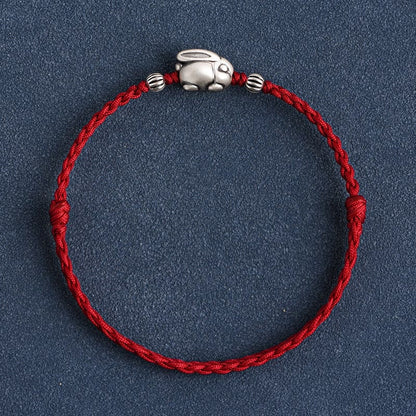 Buddhist Blessing Handmade 999 Sterling Silver Rabbit Luck Rope Bracelet Anklet