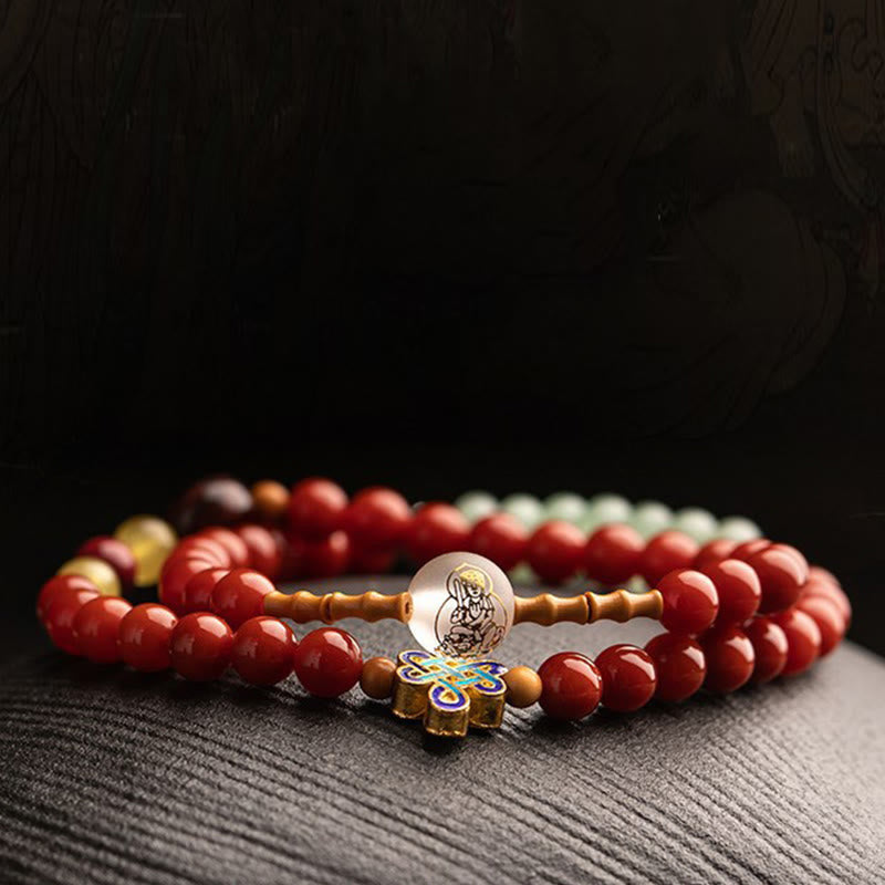 Buddhist Blessing Chinese Zodiac Natal Buddha Red Agate Small Leaf Red Sandalwood Cinnabar Amulet Blessing Double Wrap Bracelet
