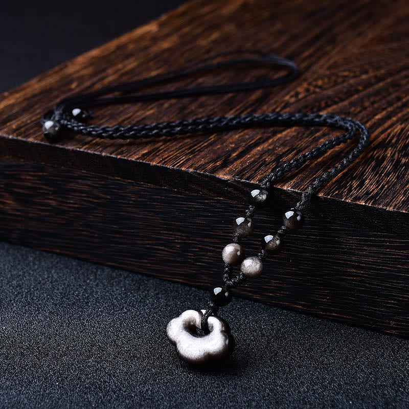 Buddhist Blessing Natural Silver Sheen Obsidian Auspicious Clouds Protection Soothing Necklace Pendant