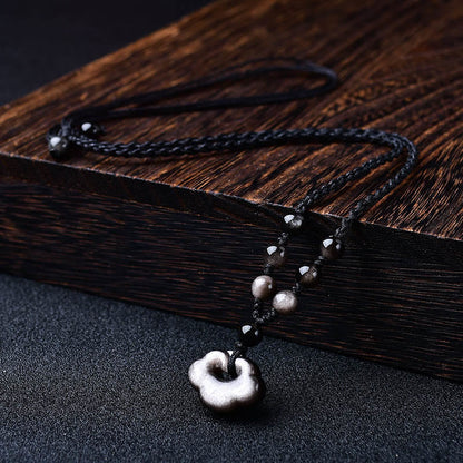 Buddhist Blessing Natural Silver Sheen Obsidian Auspicious Clouds Protection Soothing Necklace Pendant