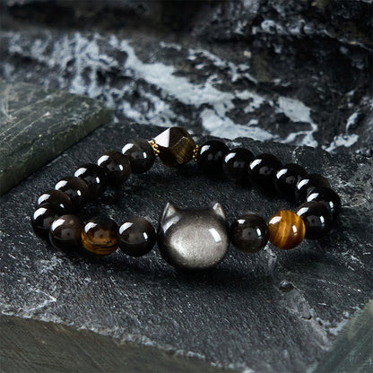 Buddhist Blessing Natural Silver Sheen Obsidian Beads Cute Cat Soothing Bracelet
